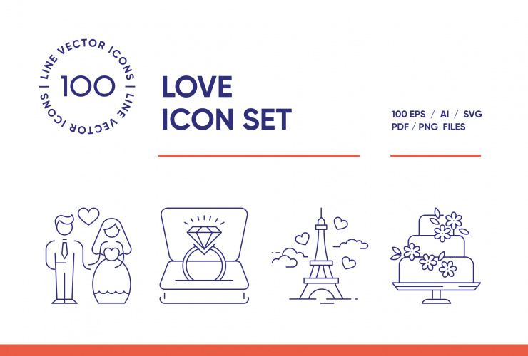 Wedding & Love – 100 Line Icons